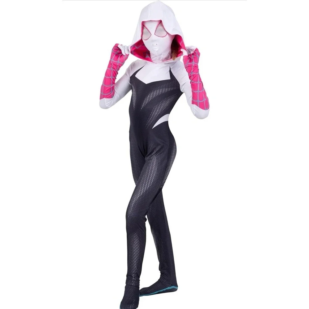 Spider Gwen Halloween Costume child Lg (10/12) Marvel Jumpsuit Hooded Mask